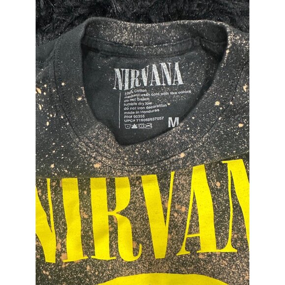 Nirvana Bleach Splatter Graphic T-Shirt M Black & Yellow Smiley Face 100% Cotton - Picture 3 of 5